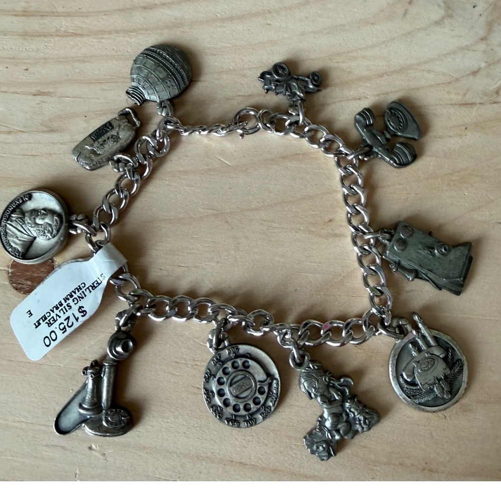 Vtg OTO Sterling Silver Telstar sat 10 Charm Bracelet Alexander Graham Bell